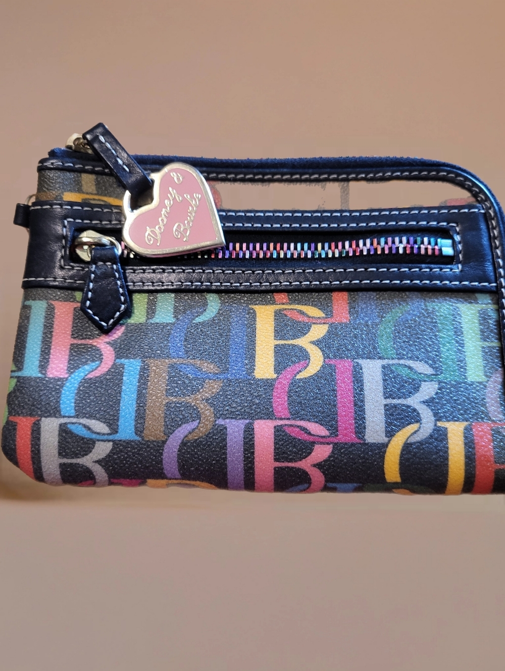 Dooney & Bourke Black Multicolor Signature Zip Wristlet with Heart Charm